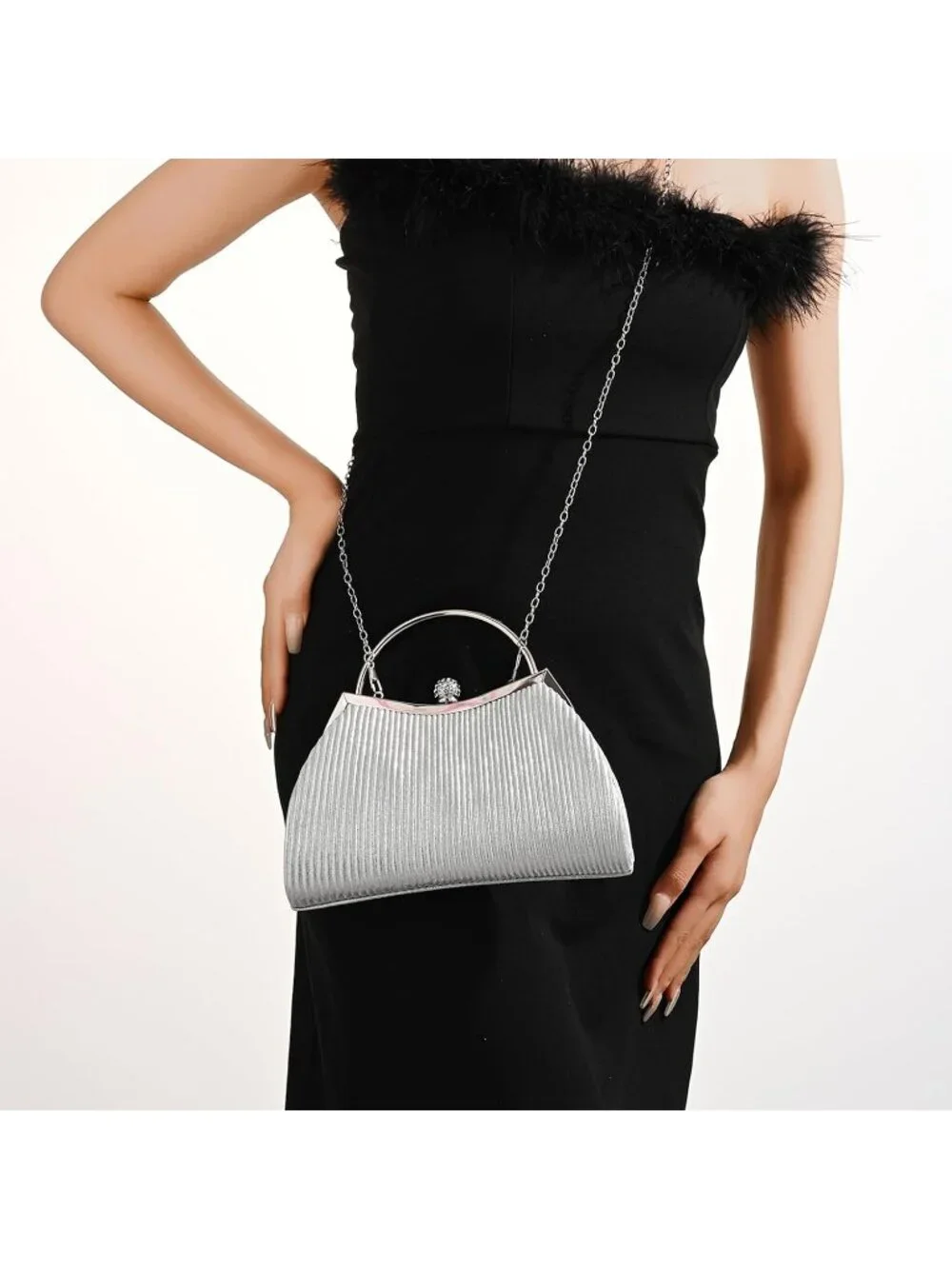 Women's Silver Y Glitter Pleated Clutch Purse For Sparkly Evening Wedding Bag